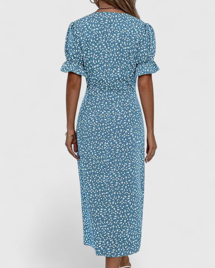 Comfortable Wrap Midi Dress for Women V-Neck Floral-Print Button-Detail