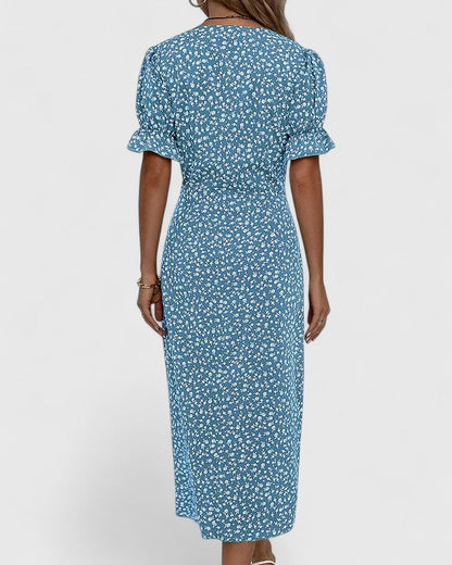 Comfortable Wrap Midi Dress for Women V-Neck Floral-Print Button-Detail