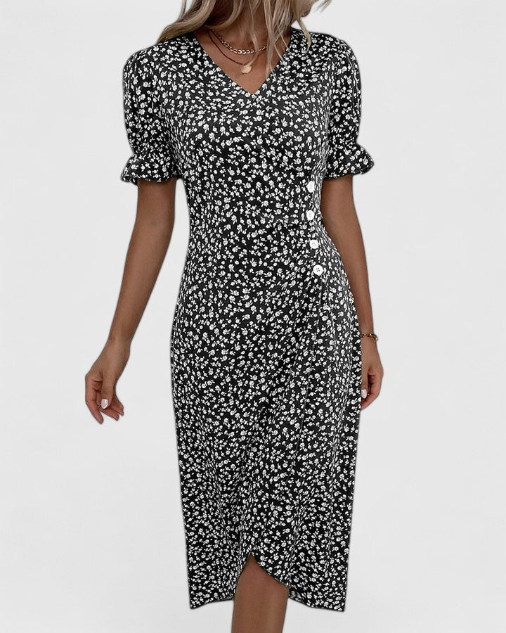 Comfortable Wrap Midi Dress for Women V-Neck Floral-Print Button-Detail