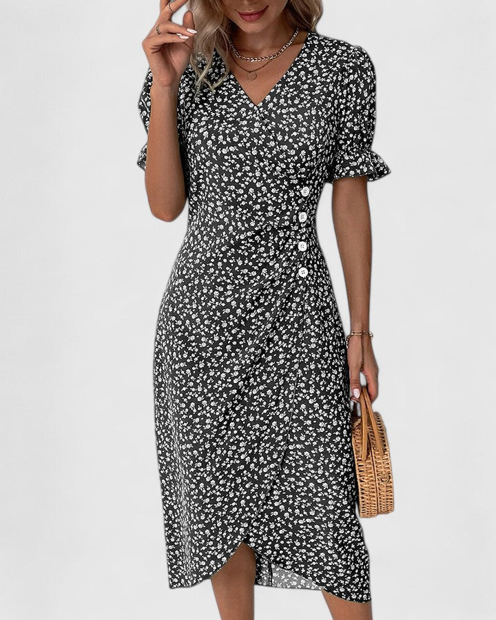 Comfortable Wrap Midi Dress for Women V-Neck Floral-Print Button-Detail