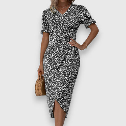 Elegant Midi Dress for Women Floral-Print Ruffle-Sleeve