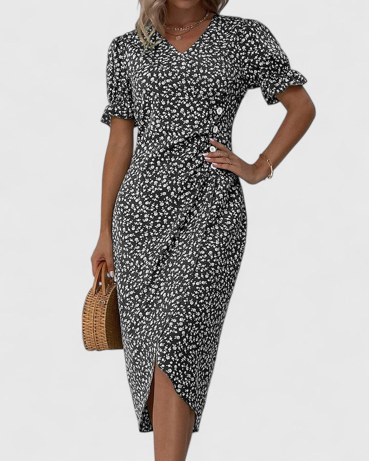 Comfortable Wrap Midi Dress for Women V-Neck Floral-Print Button-Detail