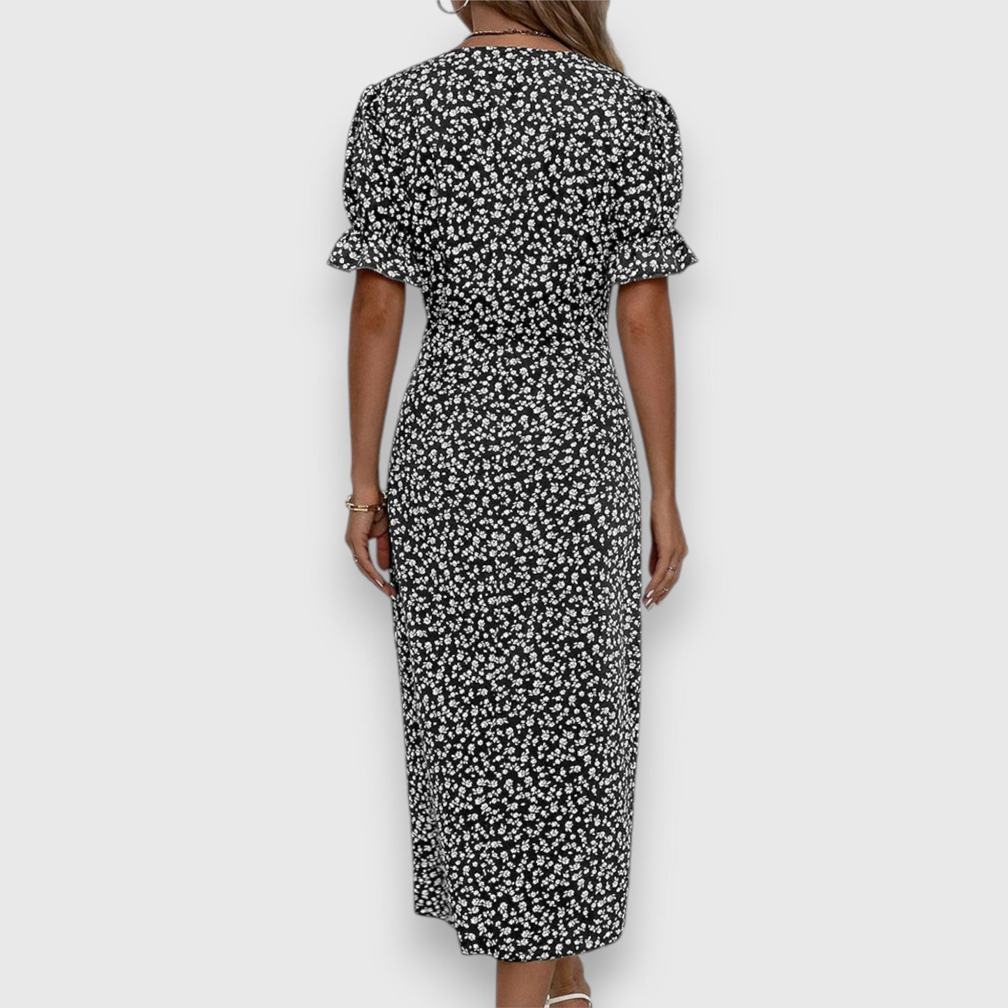 Elegant Midi Dress for Women Floral-Print Ruffle-Sleeve