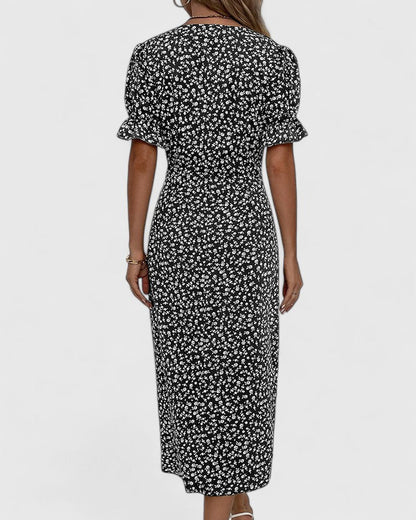 Comfortable Wrap Midi Dress for Women V-Neck Floral-Print Button-Detail