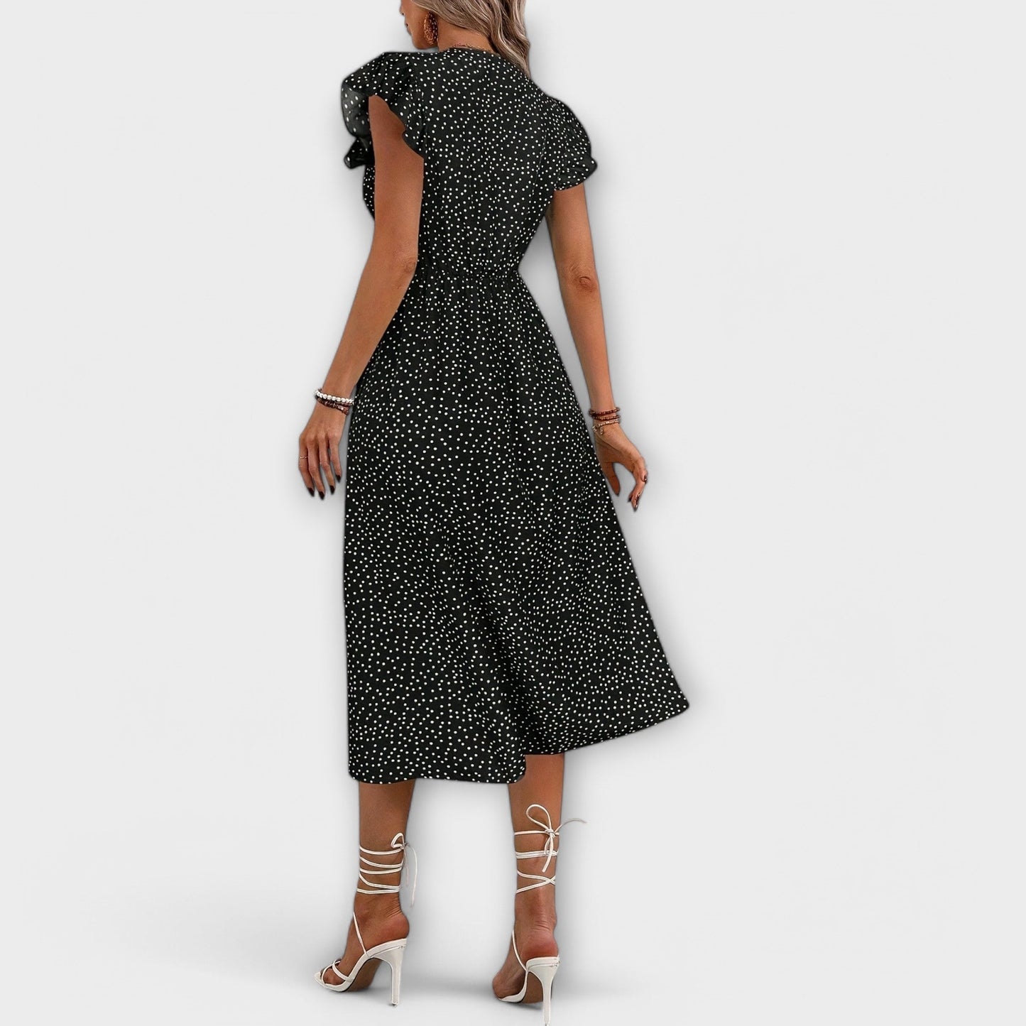 Elegant A-Line Dress for Women Polka-Dot Button-Front Flutter-Sleeve