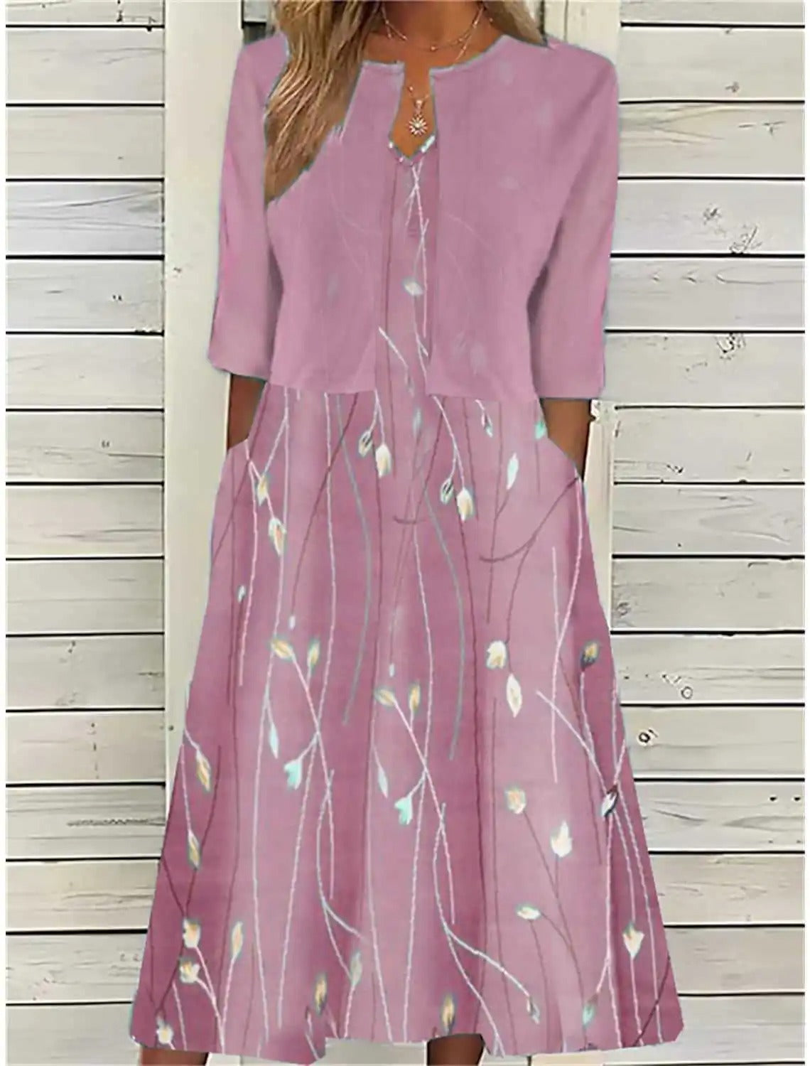 Effortless Floral Midi Dress for Women Three-Quarter-Sleeve Casual