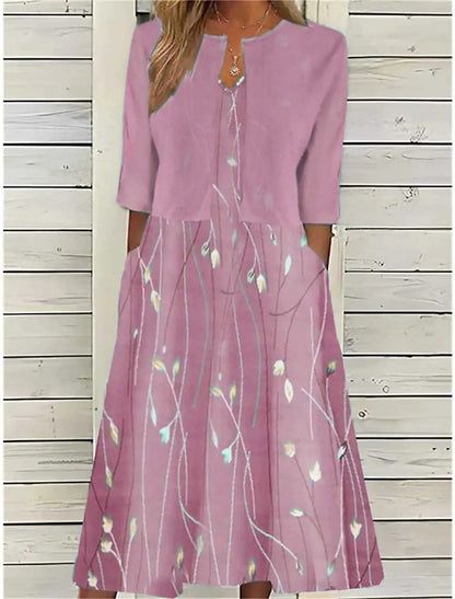 Effortless Floral Midi Dress for Women Three-Quarter-Sleeve Casual