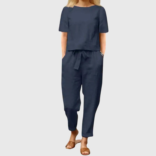 Effortless Two-Piece Set for Women Tapered Tie-Waist Short-Sleeve