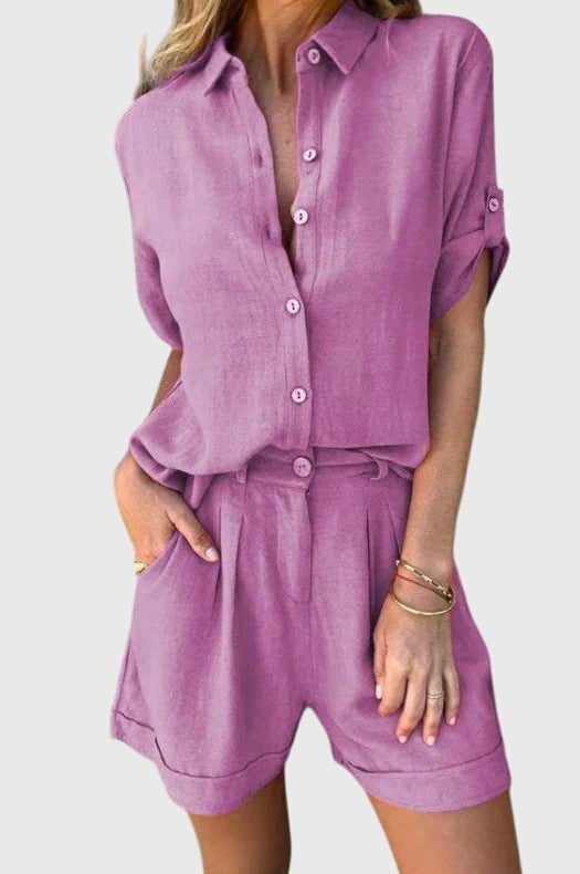 Comfortable Two-Piece Set for Women Button-Front Linen Shorts