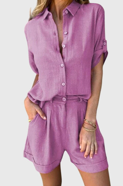 Comfortable Two-Piece Set for Women Button-Front Linen Shorts