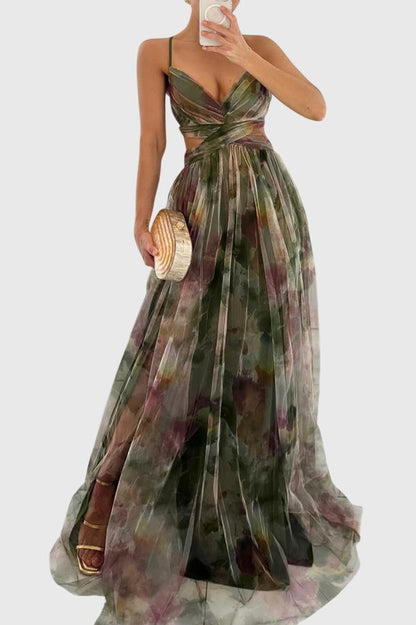 Elegant Maxi Dress for Women Spaghetti-Strap Floral-Print