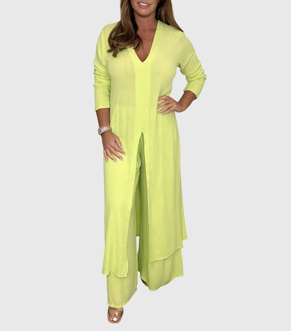Elegant Two-Piece Set for Women V-Neck Tunic Wide-Leg