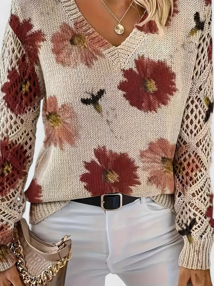 Elegant Pullover Sweater for Women V-Neck Floral-Crochet
