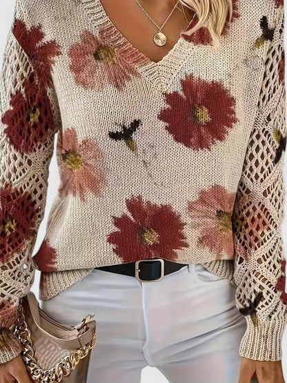 Elegant Pullover Sweater for Women V-Neck Floral-Crochet
