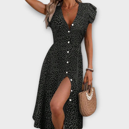 Elegant A-Line Dress for Women Polka-Dot Button-Front Flutter-Sleeve