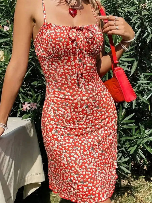Stylish Mini Dress for Women Floral Ruched Spaghetti-Strap