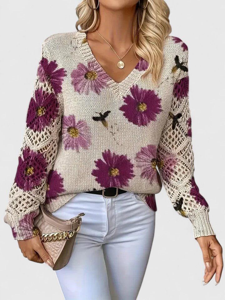 Elegant Pullover Sweater for Women V-Neck Floral-Crochet