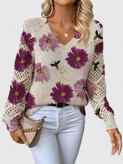 Elegant Pullover Sweater for Women V-Neck Floral-Crochet