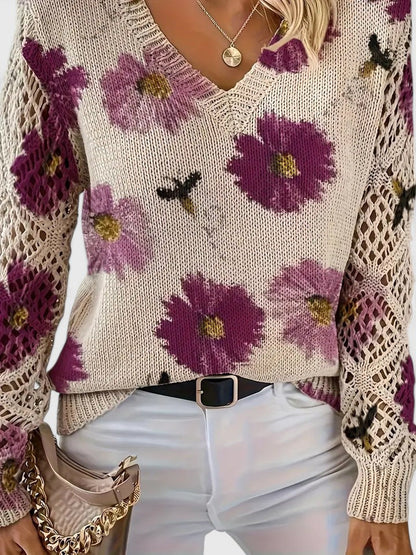 Elegant Pullover Sweater for Women V-Neck Floral-Crochet