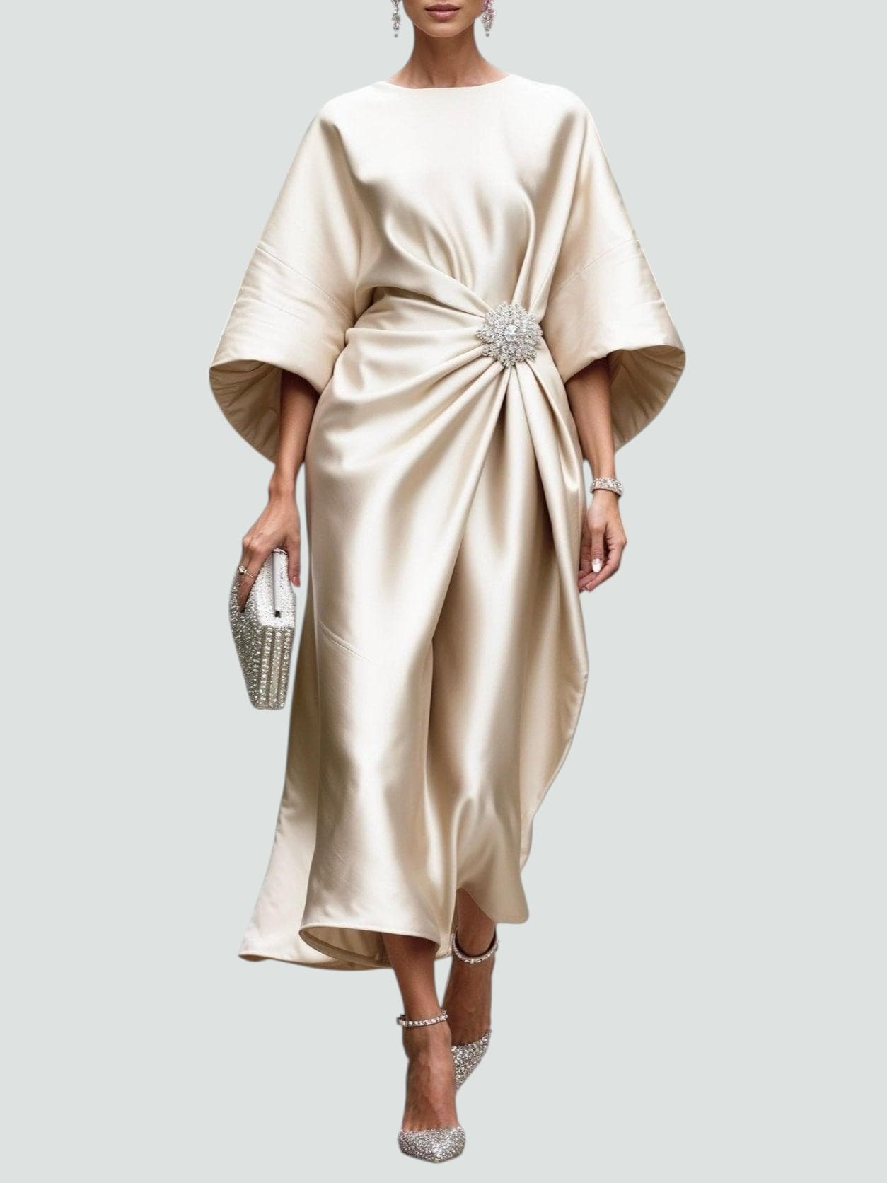 Elegant Satin Dress for Women Draped Kimono-Sleeve Midi