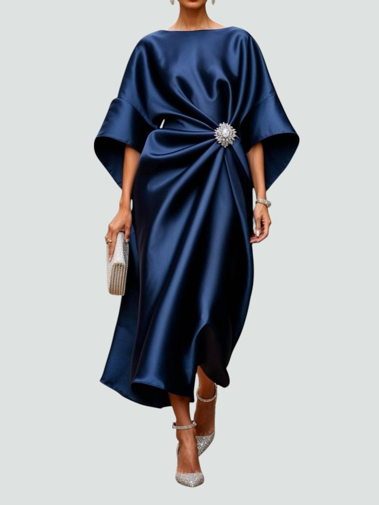 Elegant Satin Dress for Women Draped Kimono-Sleeve Midi