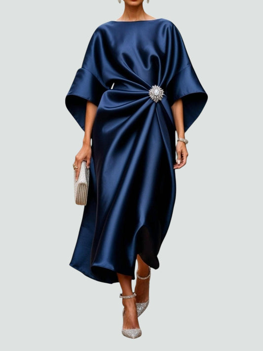 Elegant Satin Dress for Women Draped Kimono-Sleeve Midi