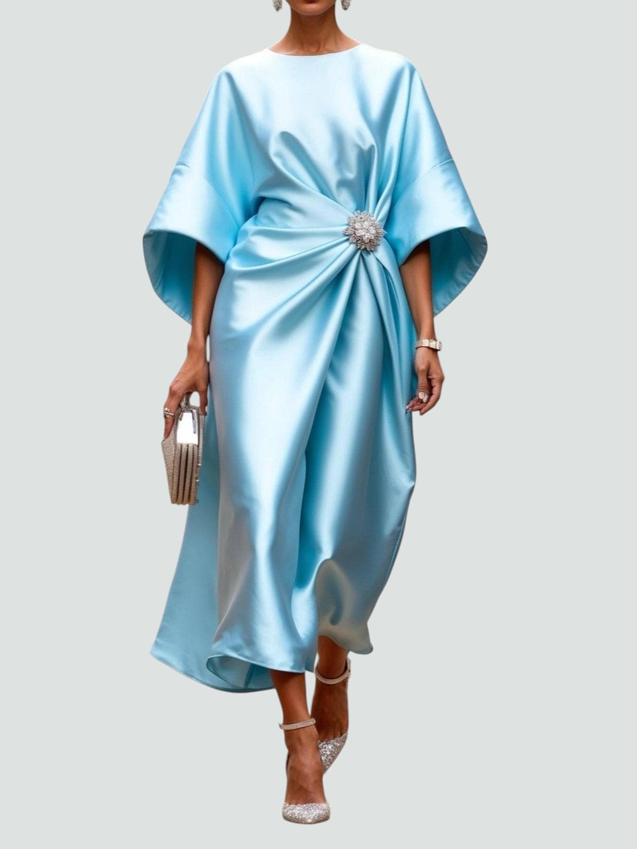 Elegant Satin Dress for Women Draped Kimono-Sleeve Midi