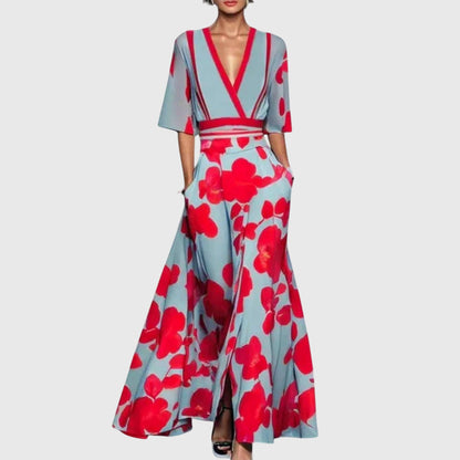 Elegant Wrap Maxi Dress for Women V-Neck Half-Sleeve Floral-Print