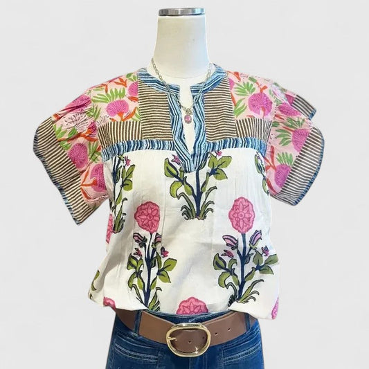 Elegant Blouse for Women Floral-Embroidered Puff-Sleeve Striped-Yoke