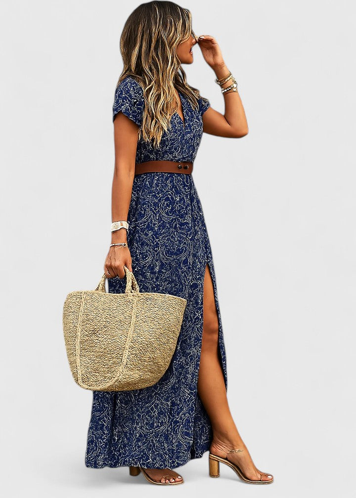 Elegant Wrap Maxi Dress for Women Short-Sleeve Paisley-Print Belted