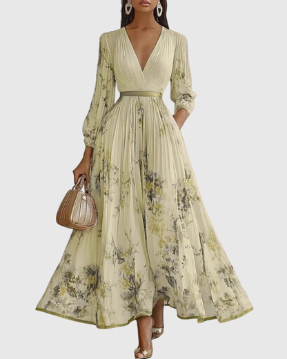 Elegant Pleated Maxi Dress for Women V-Neck Sleeveless Floral-Print
