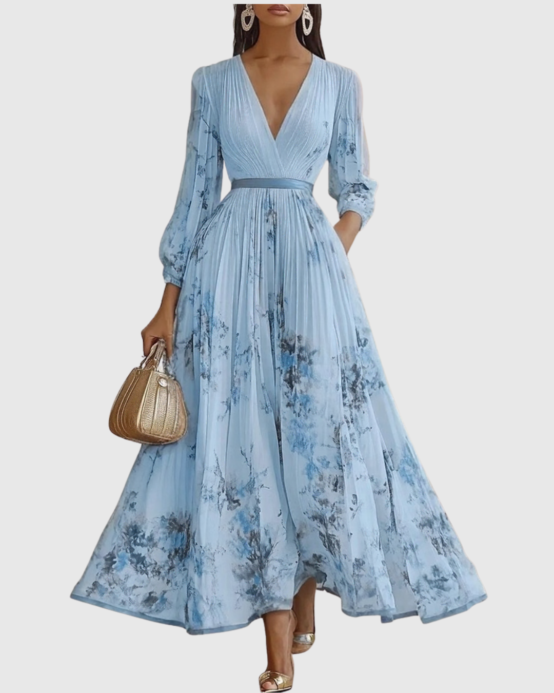 Elegant Pleated Maxi Dress for Women V-Neck Sleeveless Floral-Print