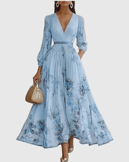 Elegant Pleated Maxi Dress for Women V-Neck Sleeveless Floral-Print