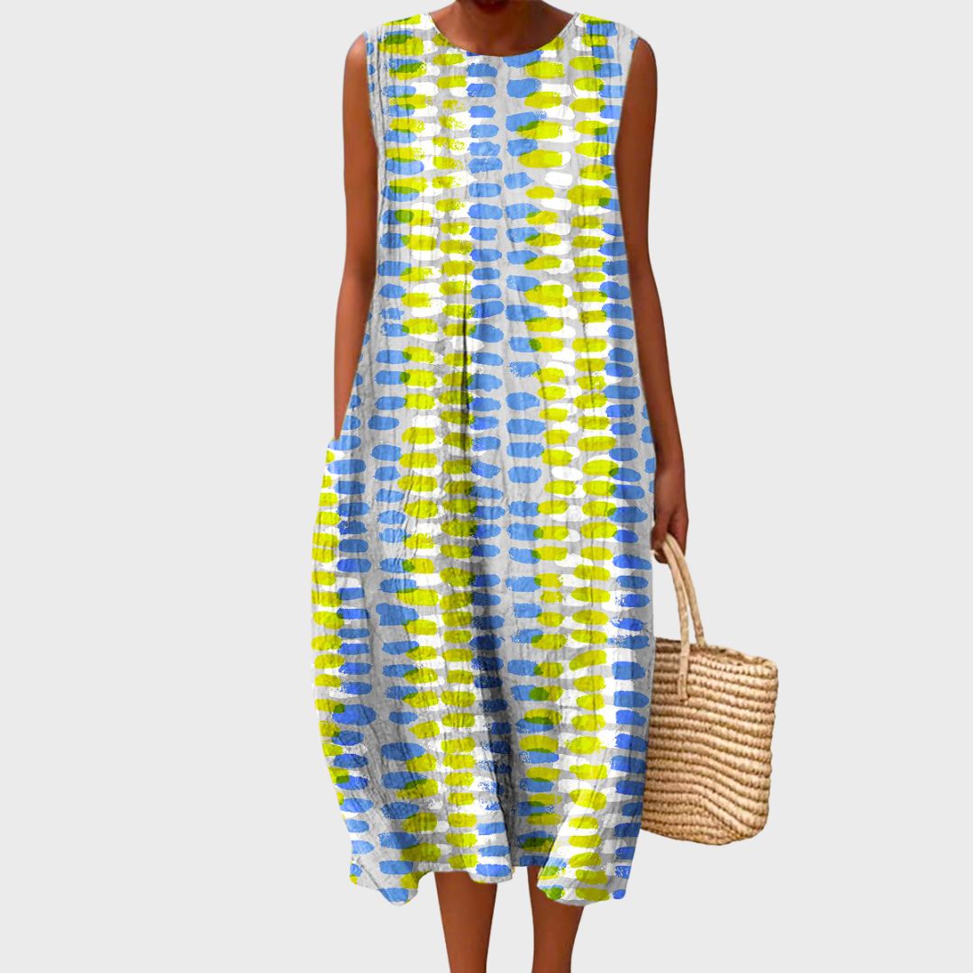 Comfortable Midi Dress for Women Round-Neck Sleeveless Plaid