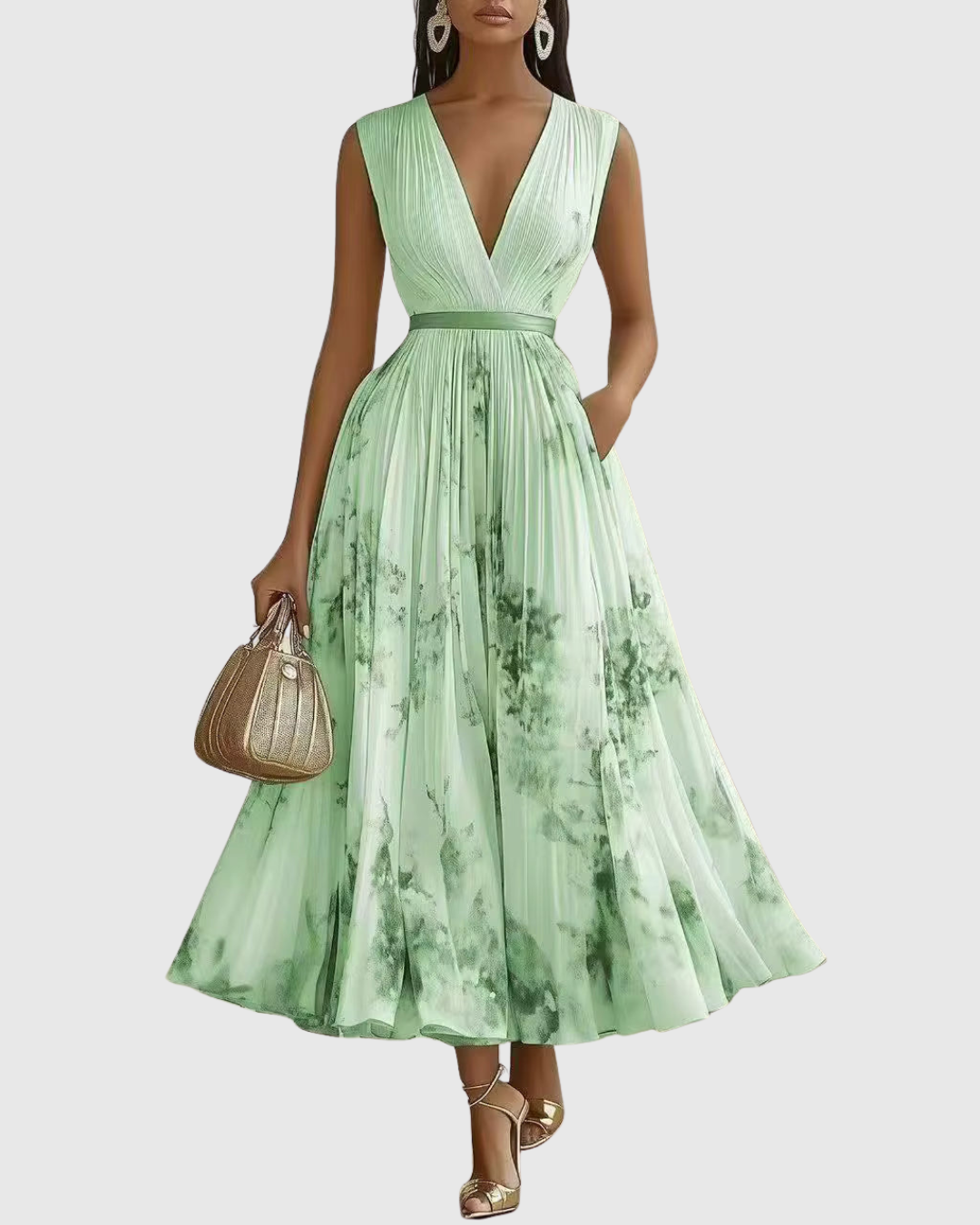 Elegant Pleated Maxi Dress for Women V-Neck Sleeveless Floral-Print