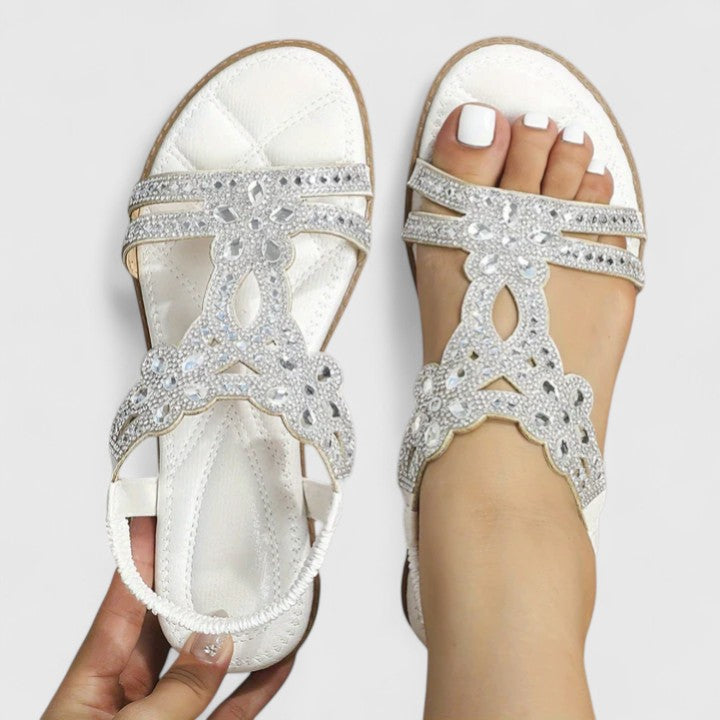 Elegant Flat Sandals for Women Rhinestone T-Strap Embellished