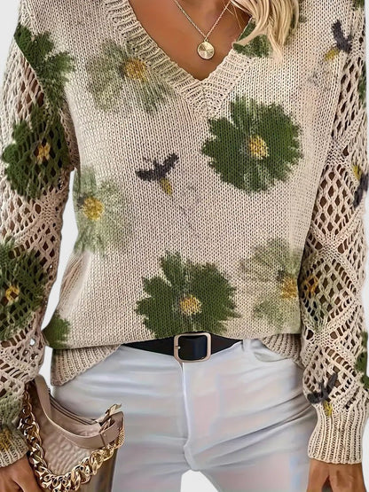 Elegant Pullover Sweater for Women V-Neck Floral-Crochet