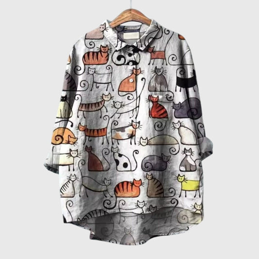 Elegant Blouse for Women Cat-Print Button-Front Long-Sleeve