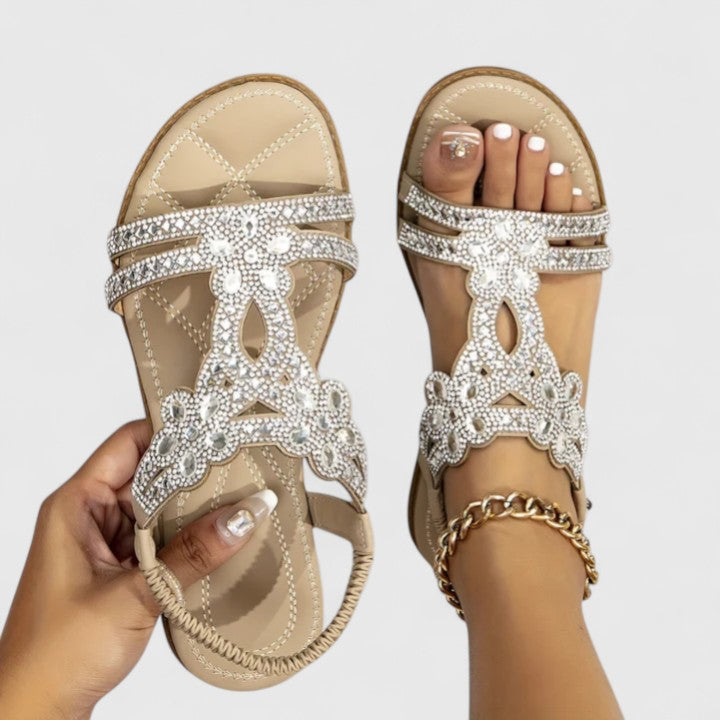 Elegant Flat Sandals for Women Rhinestone T-Strap Embellished