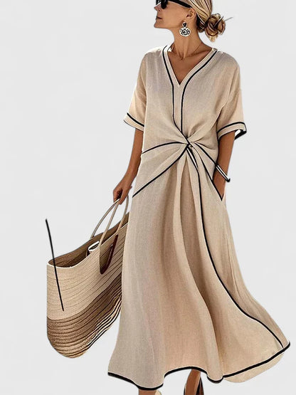 Elegant Kaftan Dress for Women V-Neck Contrast-Trim
