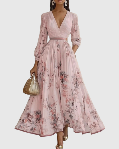 Elegant Pleated Maxi Dress for Women V-Neck Sleeveless Floral-Print