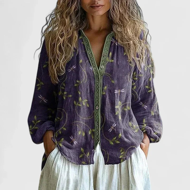 Elegant Blouse for Women Floral-Print Button-Front Long-Sleeve
