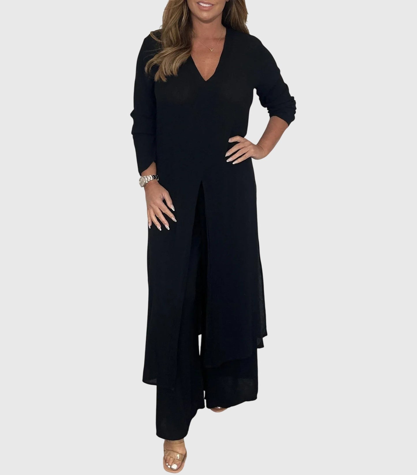 Elegant Two-Piece Set for Women V-Neck Tunic Wide-Leg