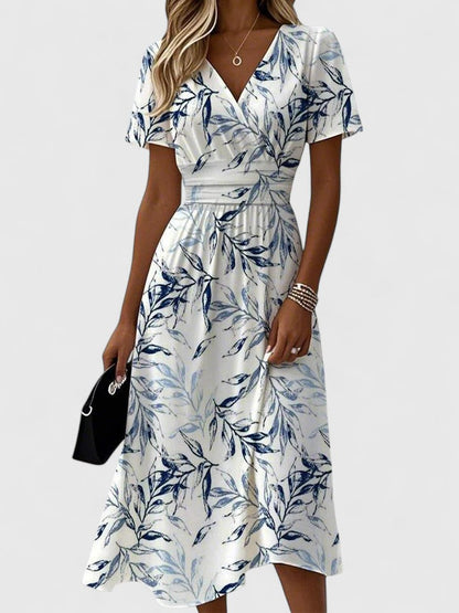 Elegant Wrap Dress for Women V-Neck Flutter-Sleeve Leaf-Print