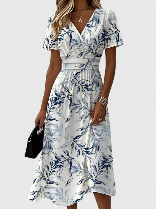 Elegant Wrap Dress for Women V-Neck Flutter-Sleeve Leaf-Print