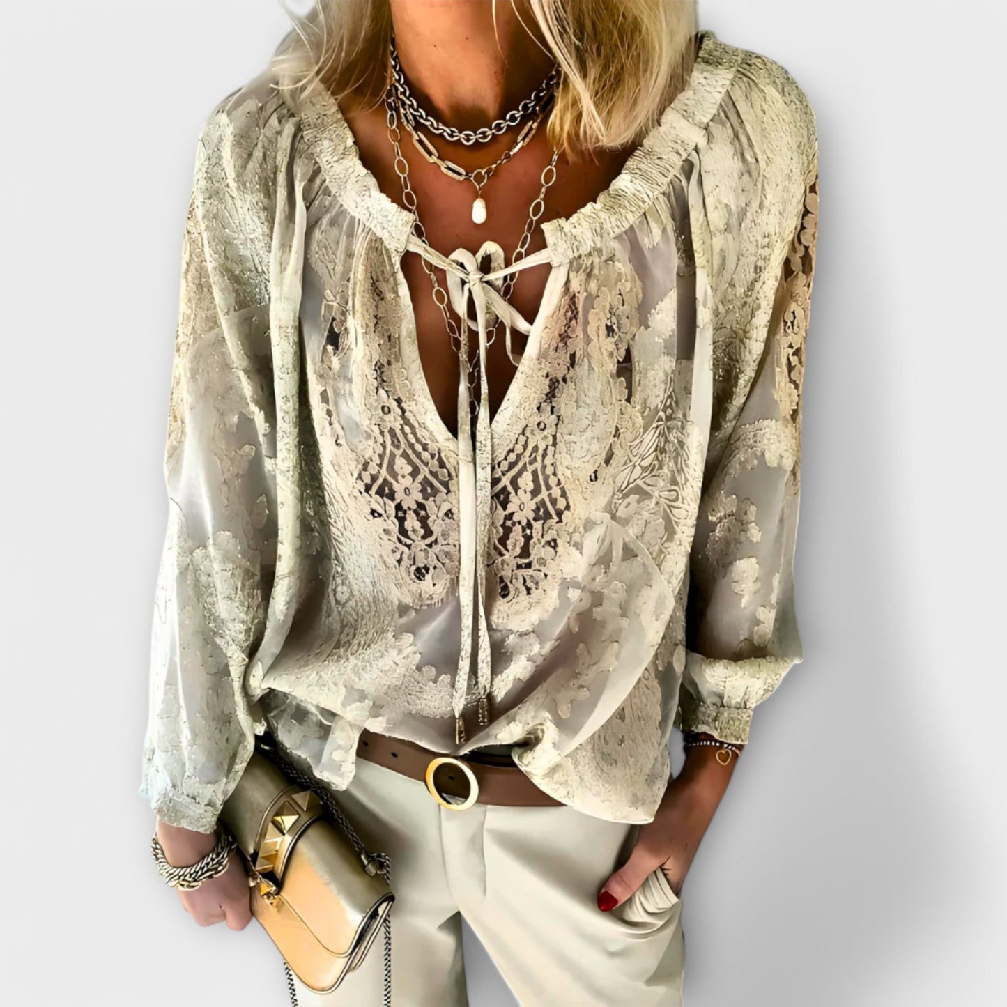 Elegant Blouse for Women Lace Sheer V-Neck
