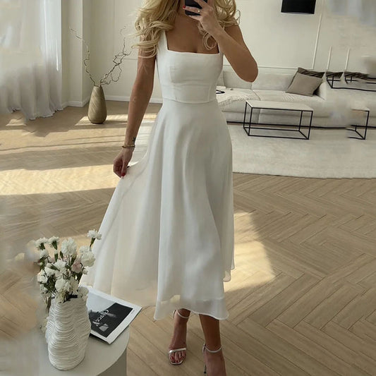 Elegant Midi Dress for Women Square-Neck Sleeveless