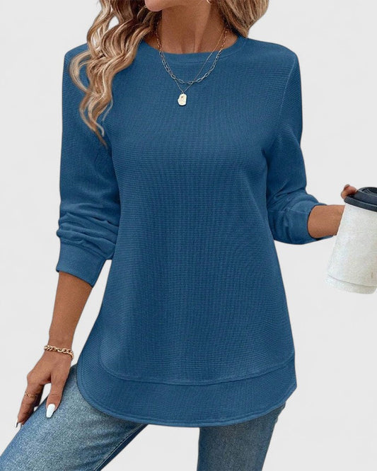 Comfortable Blouse for Women Waffle-Knit Round-Neck Curved-Hem