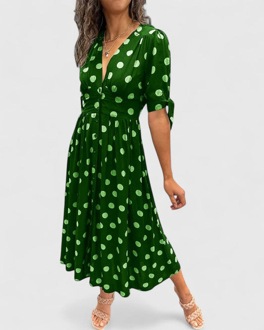 Elegant Midi Dress for Women Polka-Dot V-Neck