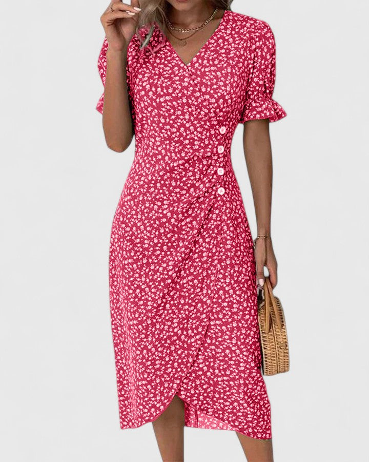 Comfortable Wrap Midi Dress for Women V-Neck Floral-Print Button-Detail